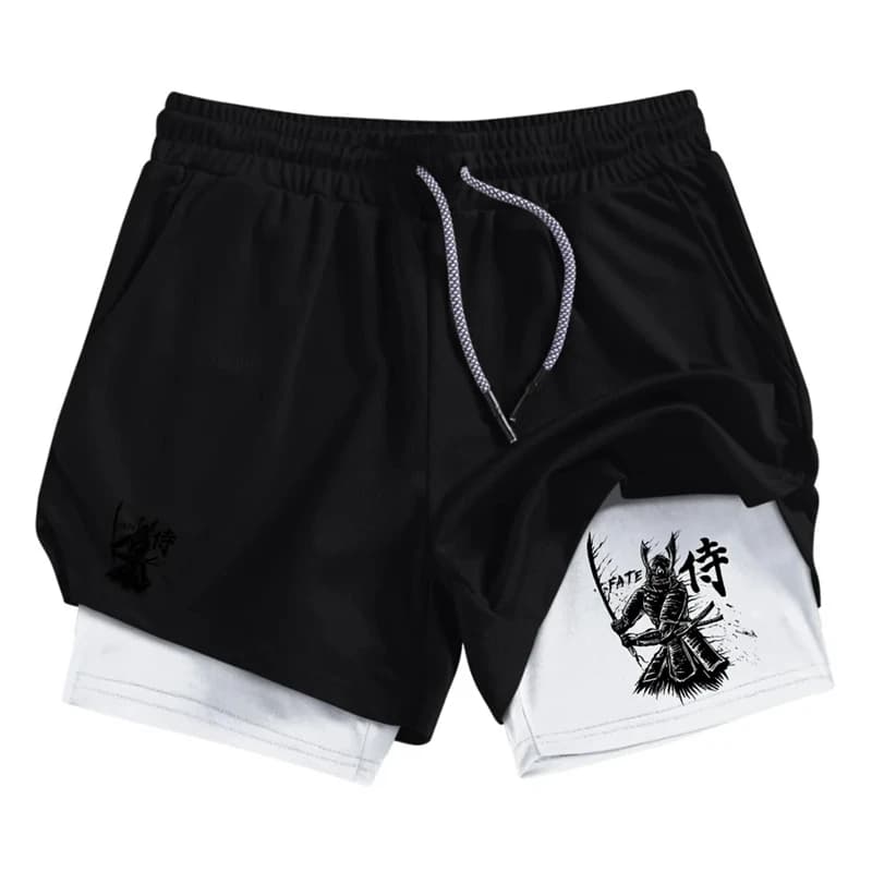 2 in 1 performance shorts with samurai print for men Quick drying sports shorts with phone pocket Summer running shorts for gym workout