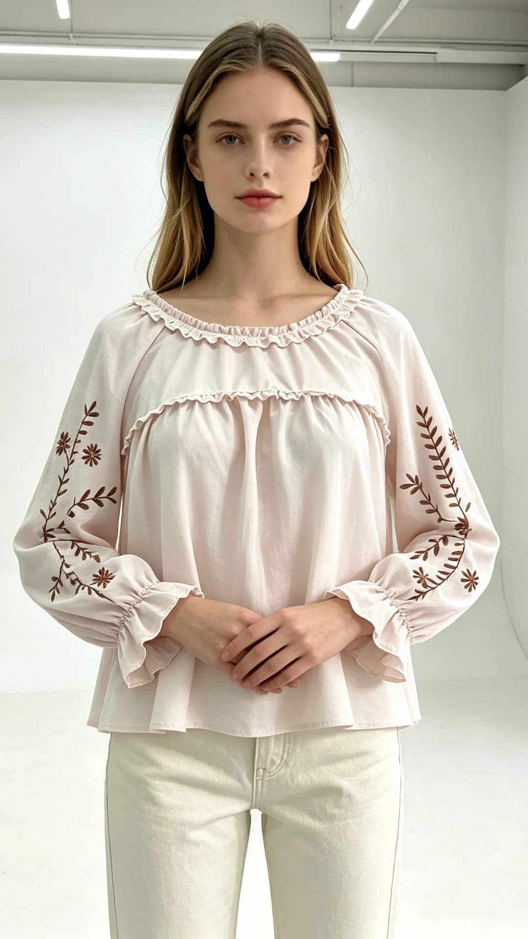 Plus Size Women Ruffle Round Neck Blouse Floral Leaf Print Puff Long Sleeve Loose Babydoll Shirt Casual Hide Belly Top