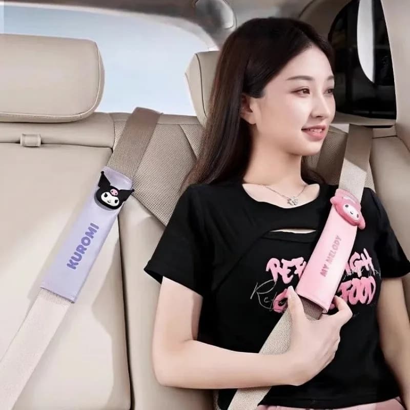 Car Safety Belt Sanrio Kulomi Kawai Safety Belt for Animated Car Seat Spalline PU Leather Flat Protective Cover 3D Anti-Necklace