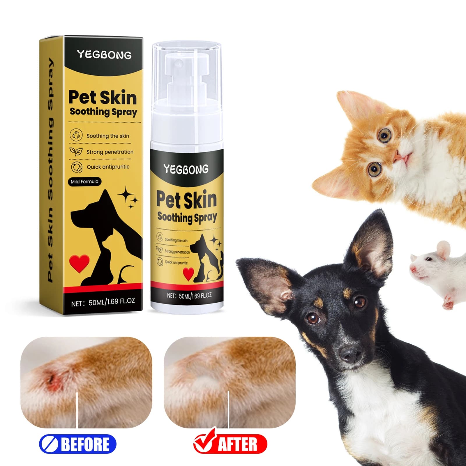 YEGBONG Spray per il trattamento della pelle degli animali domestici Potente spray per la pulizia degli animali domestici anti-prurito Effetto lenitivo a lunga durata Agente per la cura della pelle di cani e gatti