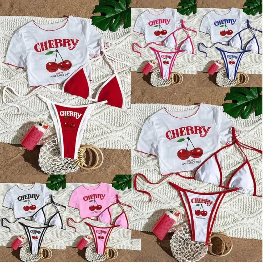 2026 Nuovo costume da bagno bikini a tre pezzi sexy diviso con camicetta in rete stampata
