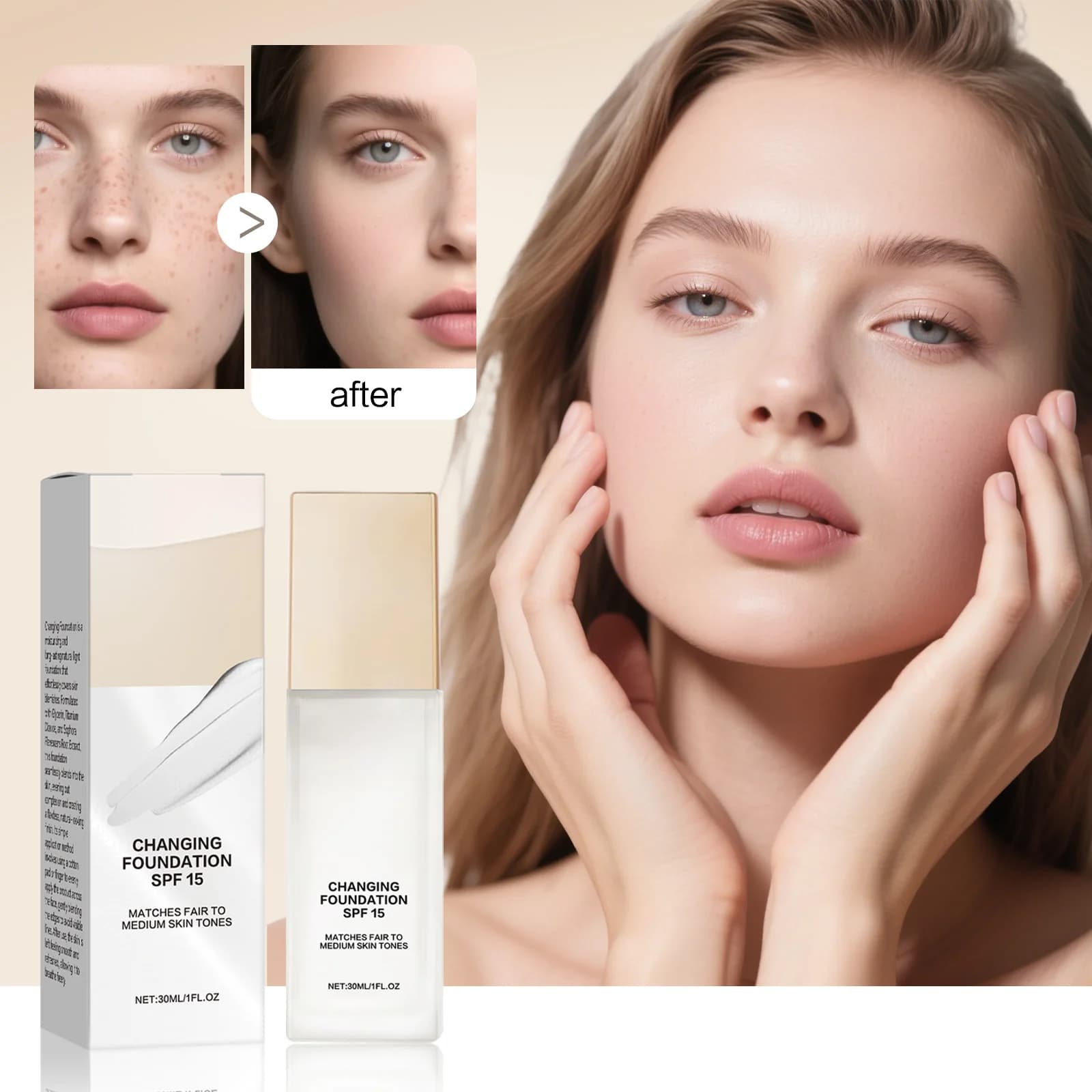 Fondotinta Idratante Adattabile al Colore SPF 15 50ml - Copertura Naturale per Pelli Chiare e Medie, Leggero con Acido Ialuronico.