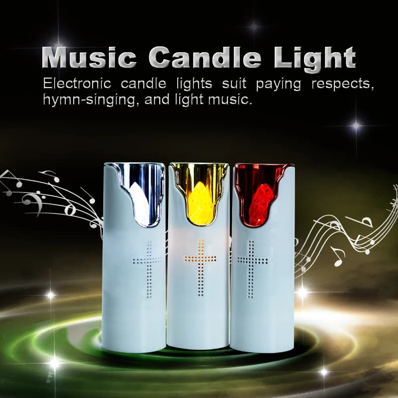 LED Flameless Candle Light Swinging Flame With Music Speaker Dry Batteries Powered Plastic Electric Candle Lamp For Church Grave