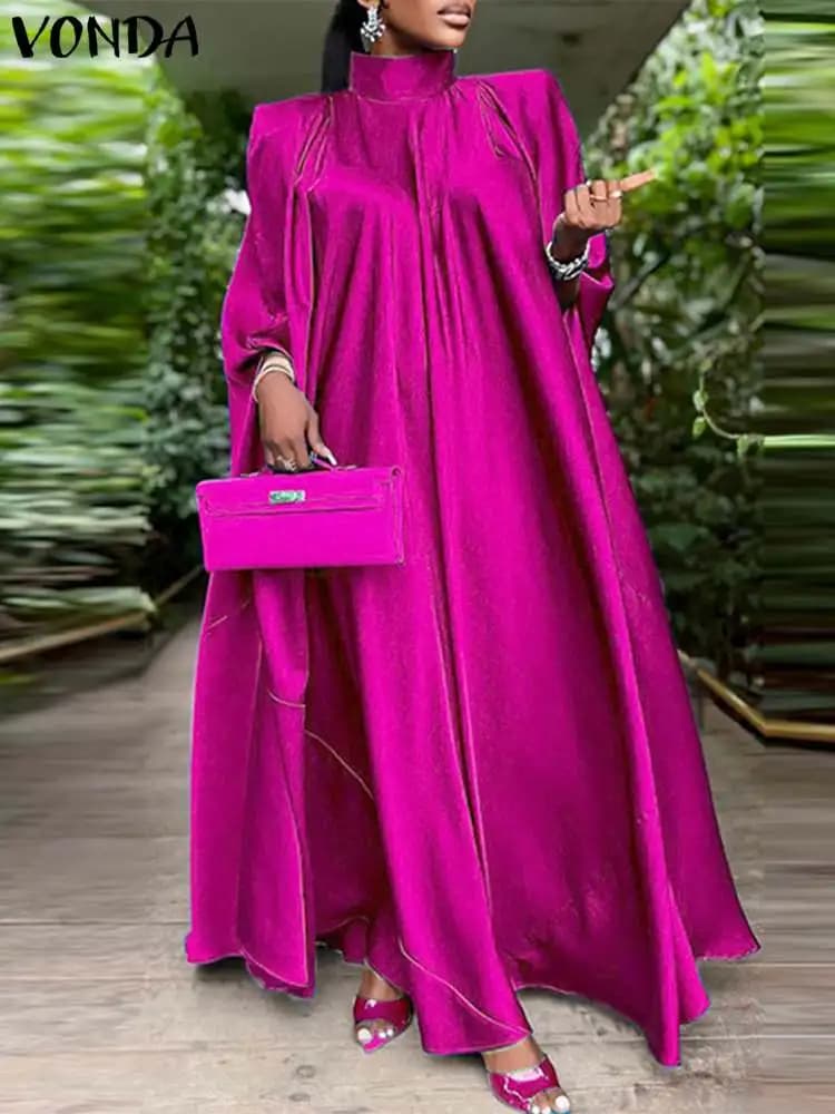 Women's Strong Size Dress 5XL VONDA 2023 Korean Collar Elegant Satin Long Sleeve Evening Sleeve Maxi Summer Dress Pleated Casual Dress