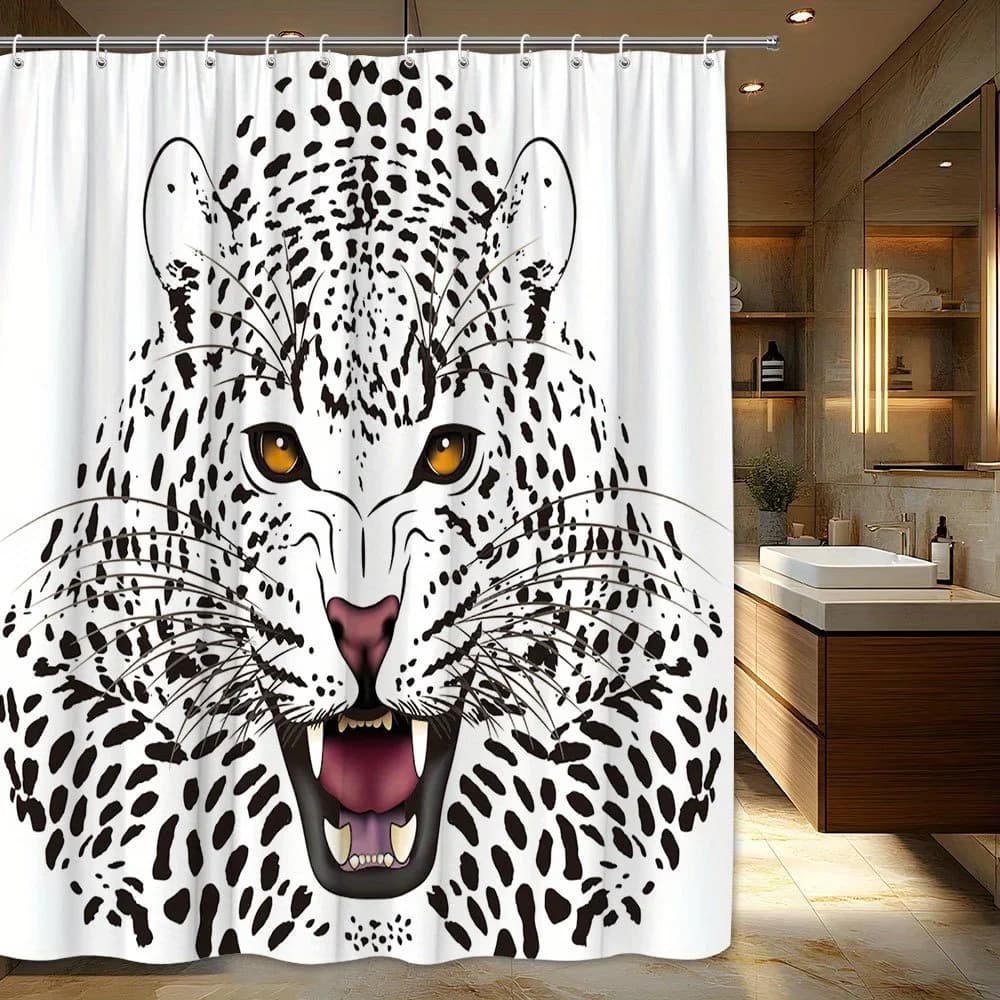 Tenda da doccia feroce con faccia leopardata con 12 ganci: sorprendente stampa leopardata bianca, macchie nere e occhi ambra