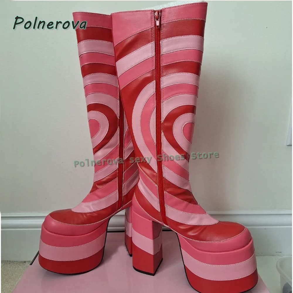 Heart Print Platform Fashion Boots Round Toe Block Heels Mixed Colors Zipper Closure Women Knee High Boots Street Style Trend