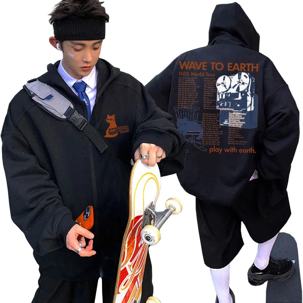 Wave To Earth Cat 0.03 World Tour Zipper felpa con cappuccio uomo donna moda coreana Zip Up Jacket felpa oversize in pile da uomo con Zip