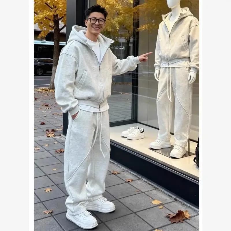 Set di abbigliamento sportivo casual da uomo, felpa e pantaloni foderati in pile, due pezzi, autunno inverno, nuovo modello, in fibra di poliestere, manica lunga