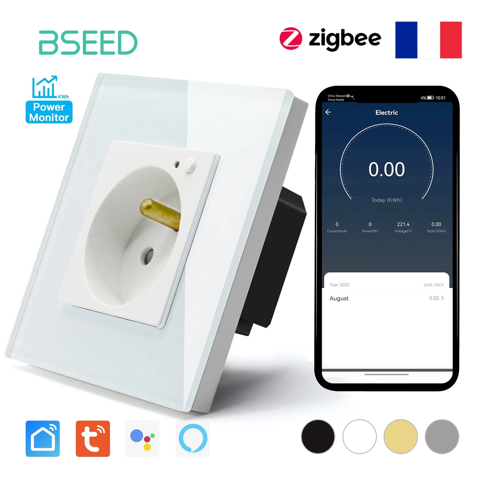 BSEED ZigBee presa francese presa singola presa pannello in vetro cristallo supporto Google Tuya Smart Life App Monitor di alimentazione presa intelligente