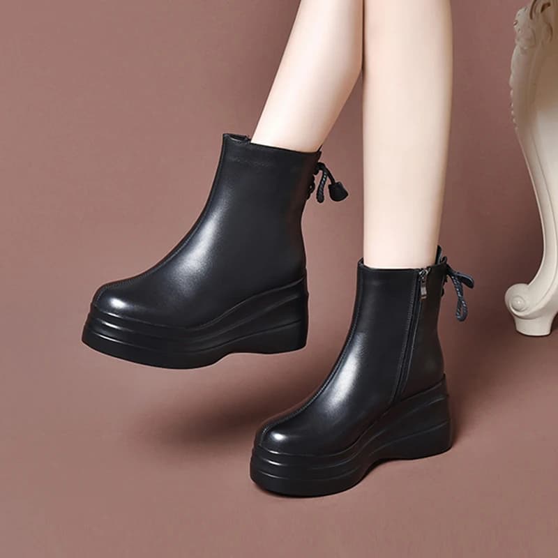 Trendy Short Boots Women's Autumn Winter New Style Fleece Lined Thick Heel Leather Shoes High Heel Waterproof Platform...
