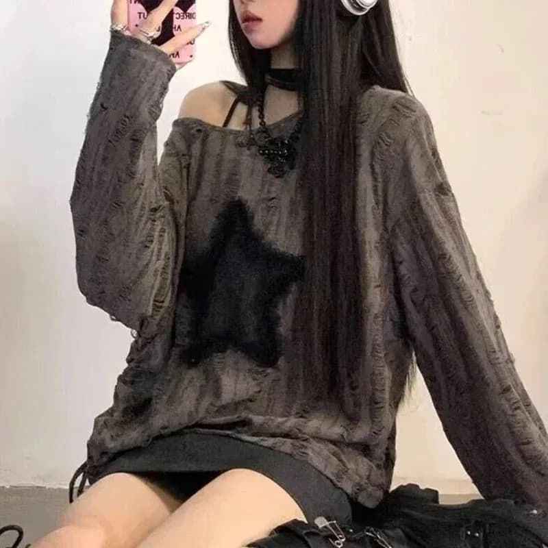 Y2K Hole Star Stampa T-shirt Moda donna Streetwear Off spalla Top Estate Oversize Kpop Manica lunga T-shirt larghe Donna Nuovo