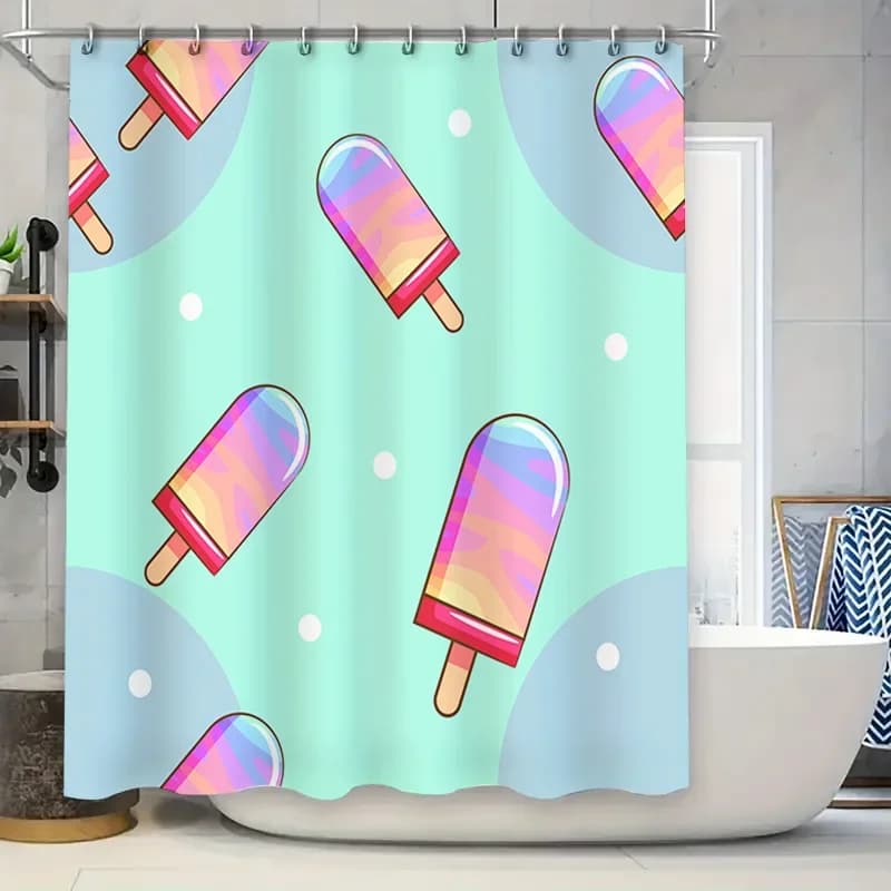 Affascinante tenda da doccia blu con motivo ghiaccioli colorati per la decorazione del bagno Confezione di set di tappeti da bagno in tessuto impermeabile