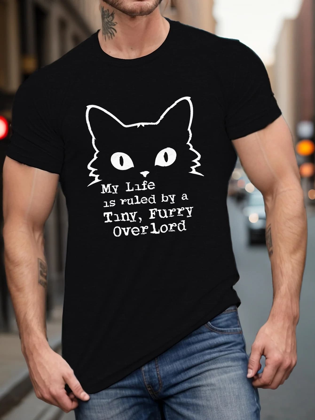 T-shirt girocollo con grafica gatto da uomo taglie forti T-shirt casual in tessuto lavorato a maglia 100% poliestere con stampa gatto geometrica leggermente elasticizzata