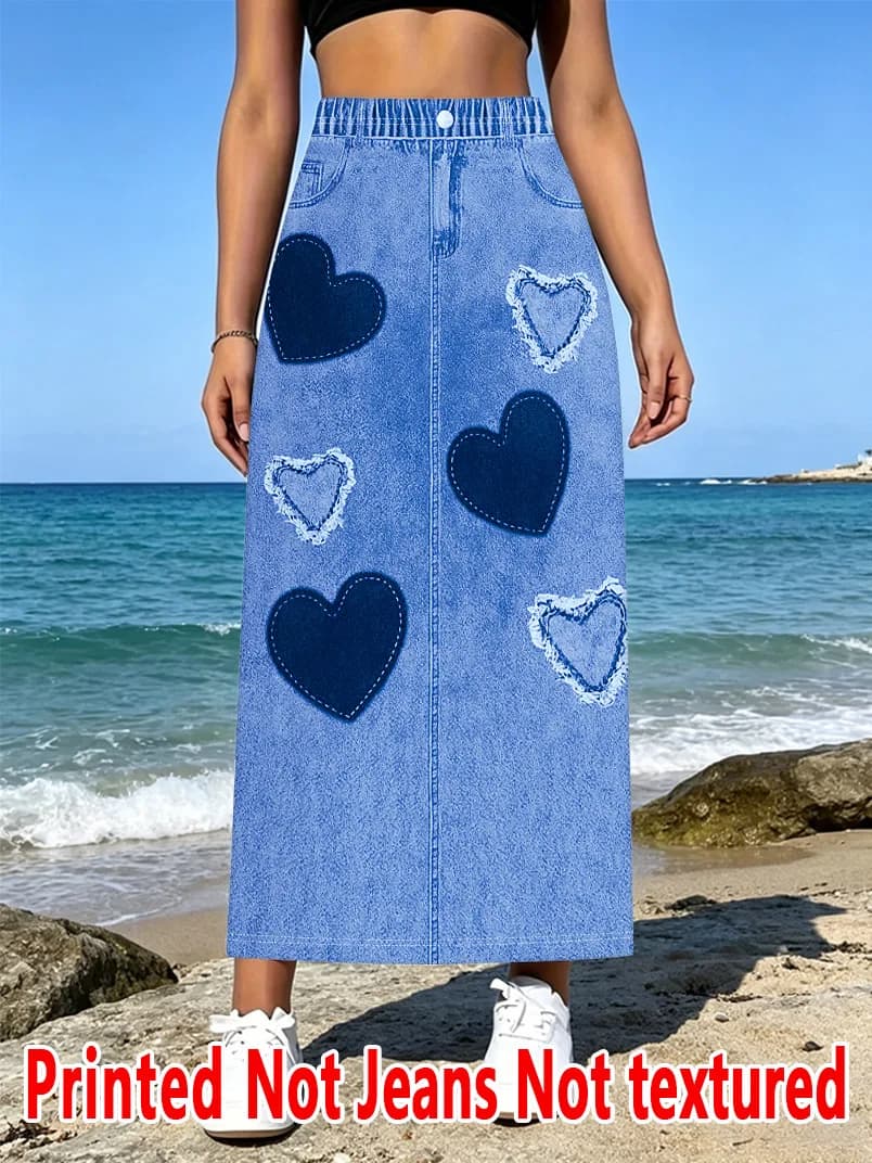 3533 Gonna Stampata Stile Americano, Stampa Effetto Denim - Tessuto Non Denim, Gonna Casual da Donna in Maglia, Adatta a Tutte le Stagioni
