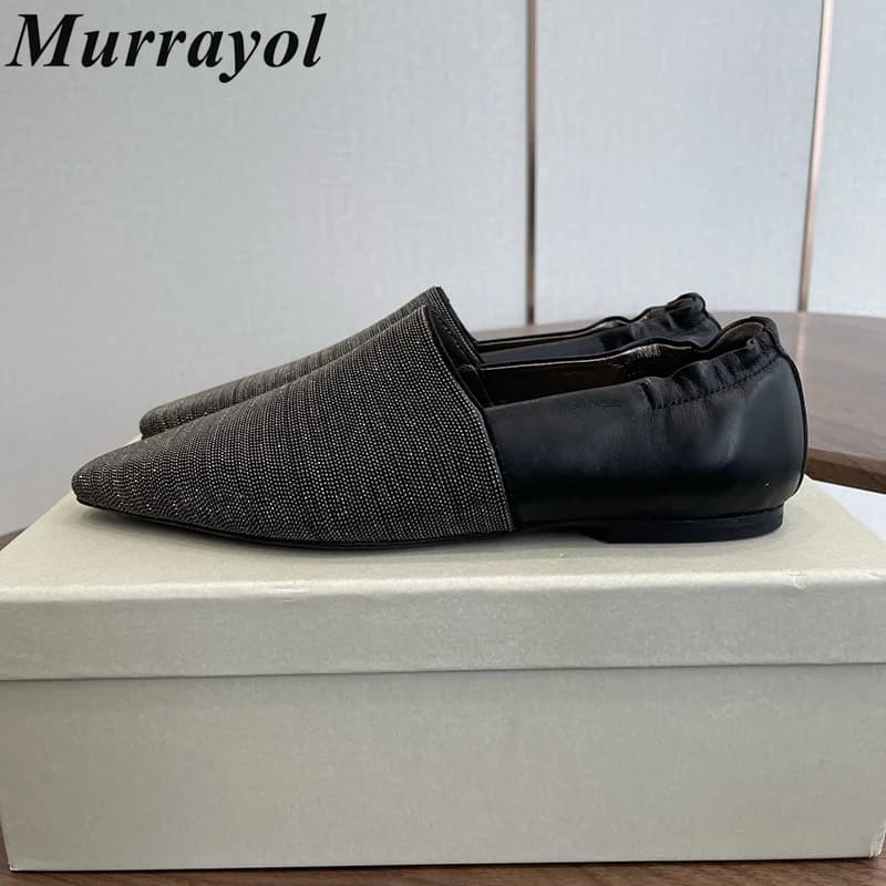 Lazy Loafers Pointed Toe Deep Mouth Metal String Bead Decor Flat Shoes Women Genuine Leather Spring Office Commuting Shoes