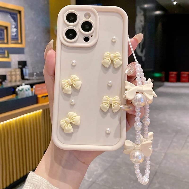 Custodia per telefono con catena di perle finte Bowknot elegante 3D per Xiaomi Redmi Note 14 13 12 11 Pro Plus 4G 5G 12S 11S Redmi 13C 14C Cover morbida