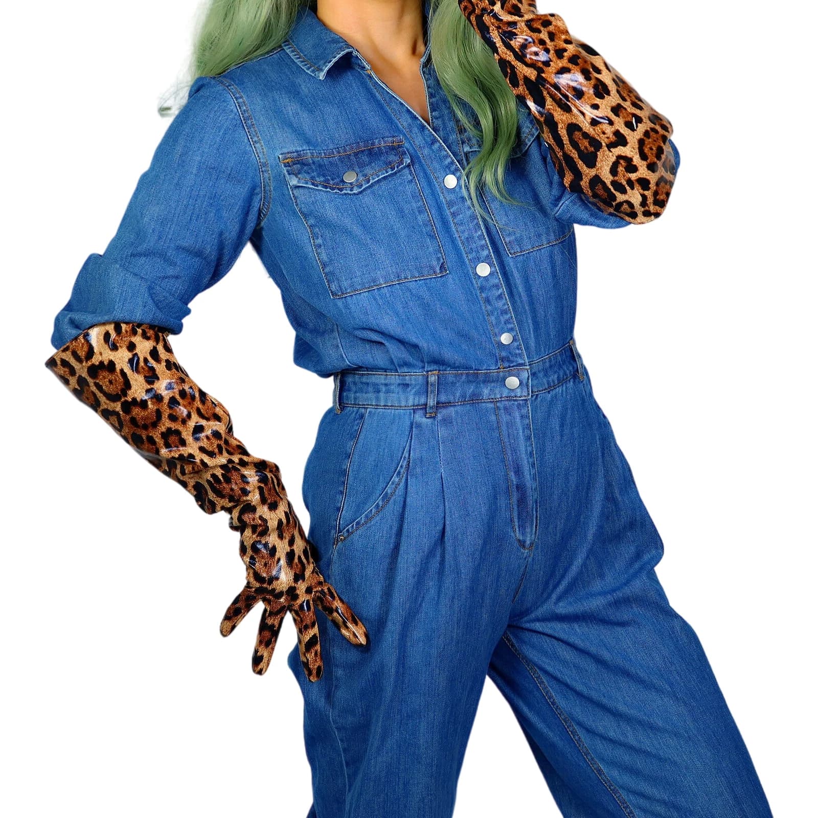 DooWay Guanti larghi marroni 50CM Gomito lungo lucido LATTICE Ecopelle Jaguar Leopardo Natale Moda Sera Cosplay Guanto da opera