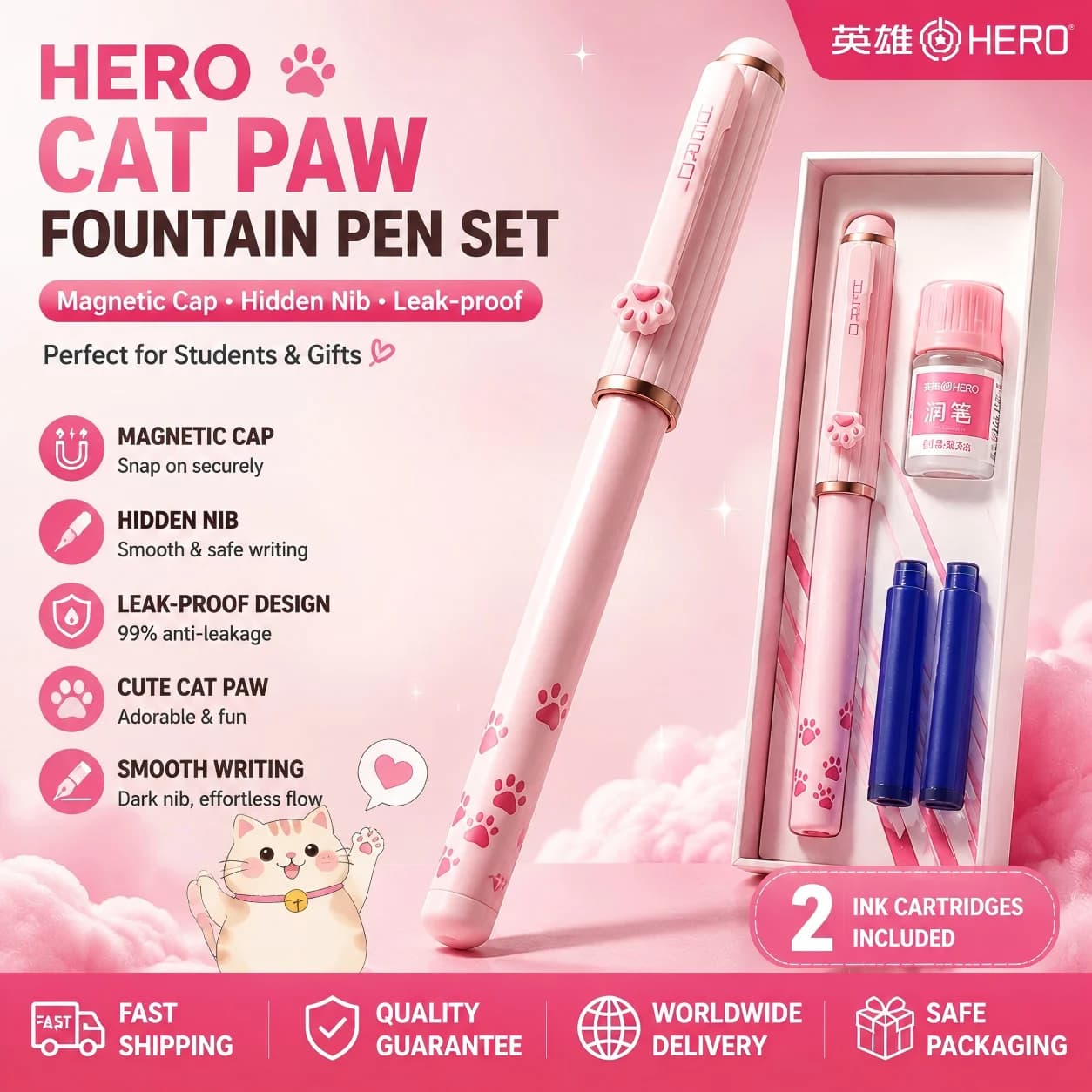 HERO P360M Concealed Nib Fountain Pen 0.38mm EF Iridium Nib Metal Grip Magnetic Cap Cat Claw Clip Thermo Erasable Quick Drying