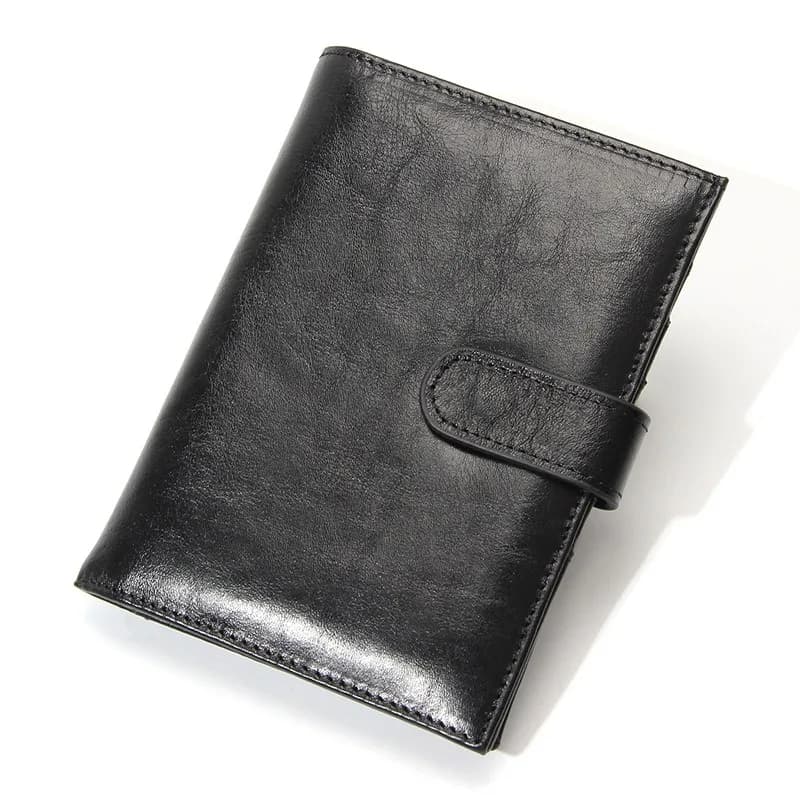 Men Retro Genuine Leather Passport Cover RFID Travel Document Wallet Multiple Card Pockets Snap Button Passport Bag for Travel