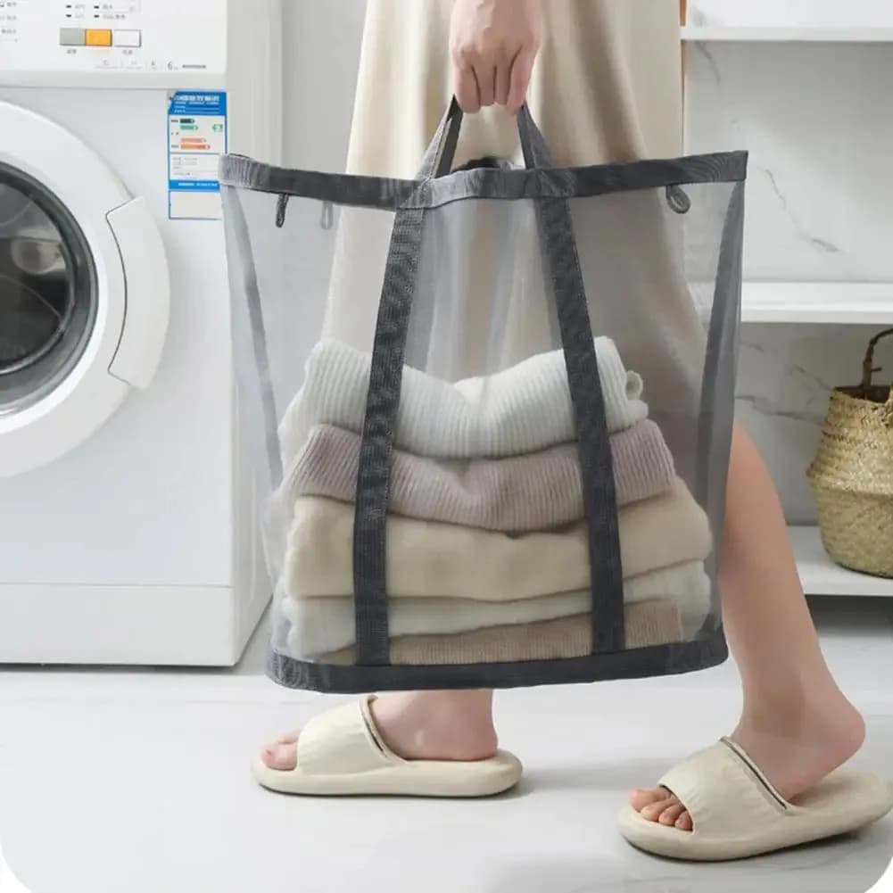 Portable Collapsible Laundry Hamper Bag with Handles, Folding Mesh Basket for Dirty Clothes, Nylon Breathable Washing Organizer