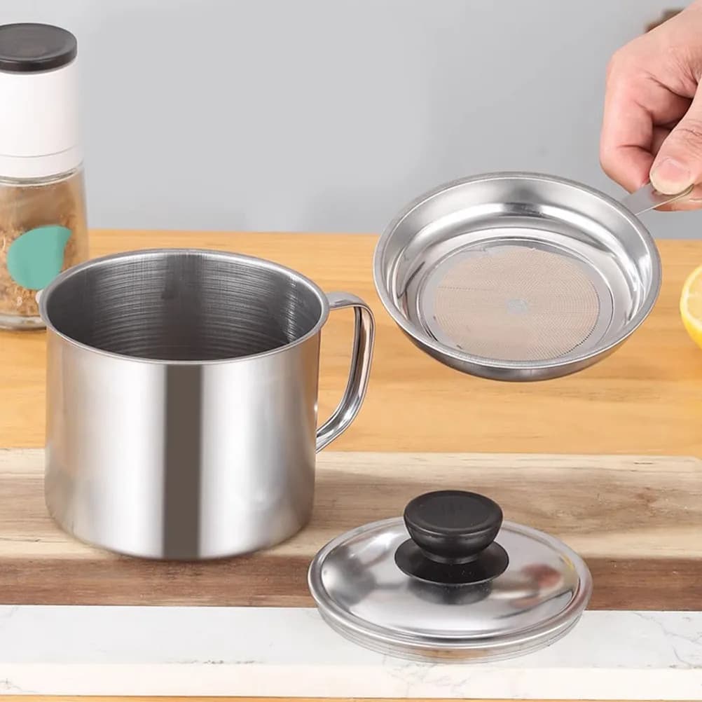 Stainless Steel Oil Filter Pot Large Capacity Grease Container Oil Strainer Pot Frying Pan Lid Kitchen Cooking Storage Dispenser