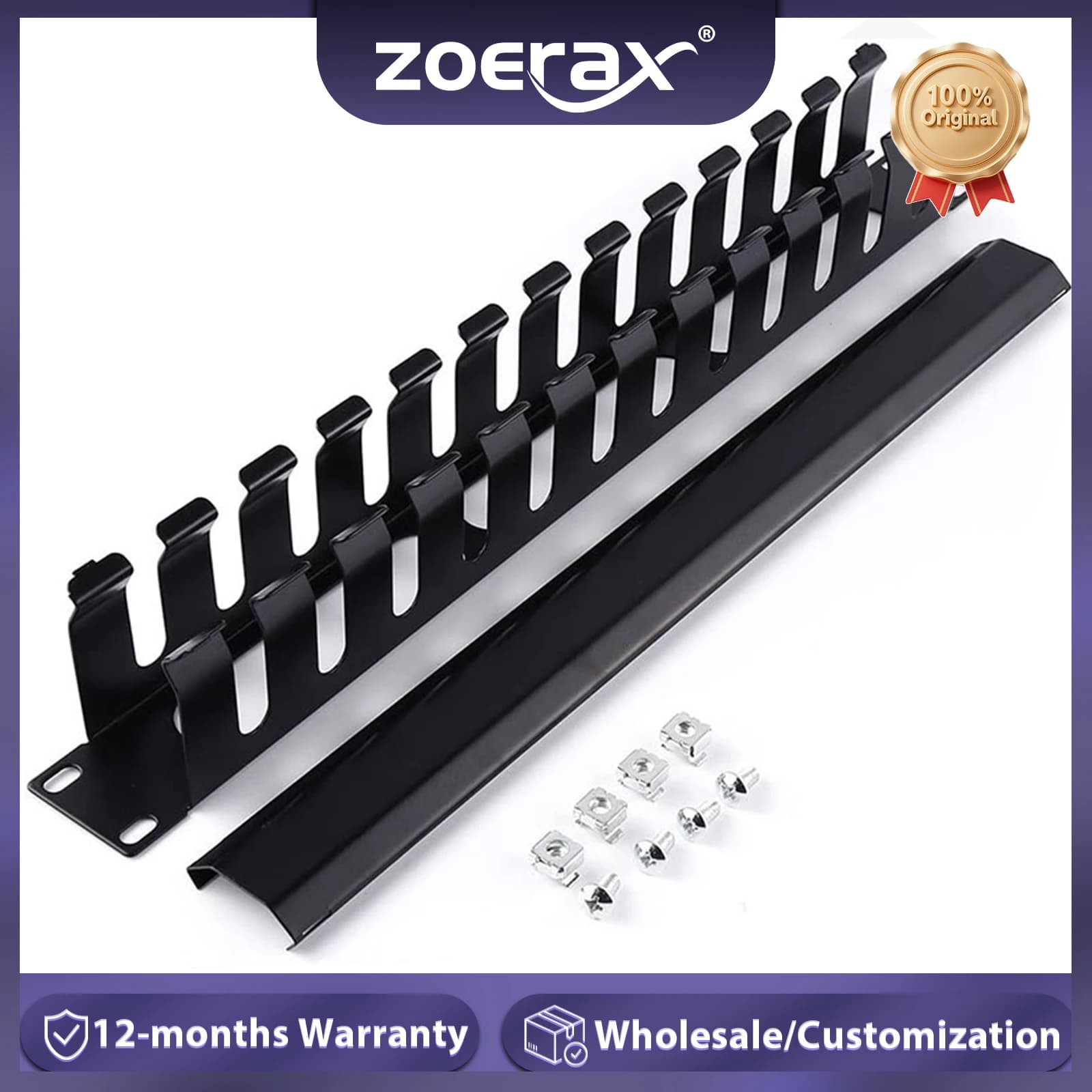ZoeRax 1U 19 Pollici Gestione Cavi per Rack - Organizzatore Cavi Orizzontale in Metallo a 24 Slot per Server