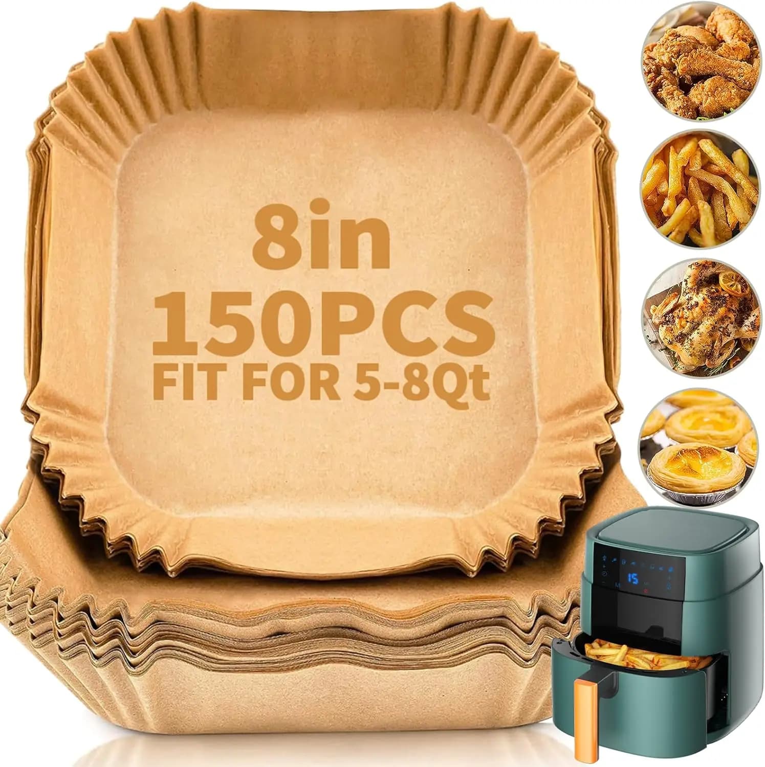 150 PCS Air Fryer Disposable Paper Liners, 8 Inch Square, Non-Stick for 5-8QT Air Fryer, Baking, Roasting, Microwave
