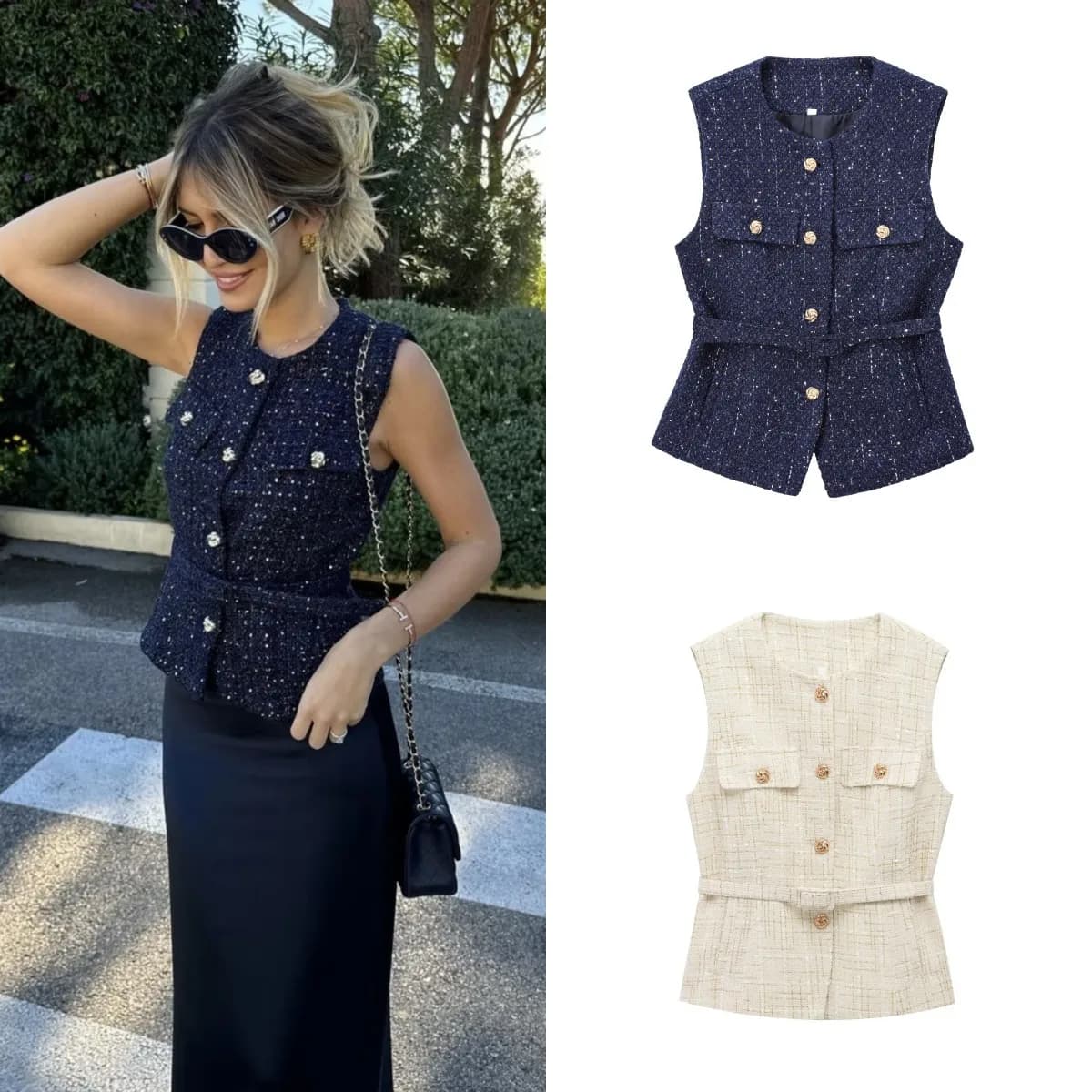ETJ 2025 Spring Collection Elegant women's vest Fashion European and American style with structured vest with beads and belt