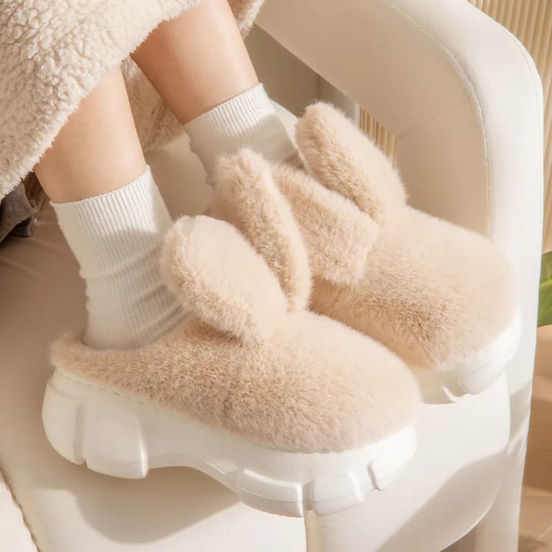 Pantofole in cotone Qidan da donna, invernali, con fondo spesso, da interno, con graziosa testa di coniglio, in calda pelliccia, comode e casual.