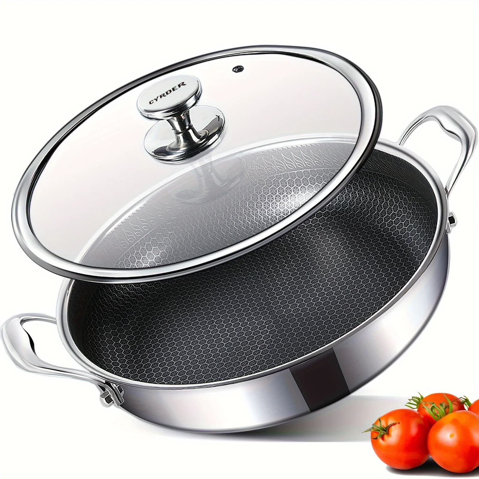Padella in acciaio inossidabile 304L, 12,5 pollici (circa) Wok antiaderente da 31,8 cm con coperchio, due manici, senza PFOA, lavabile in lavastoviglie