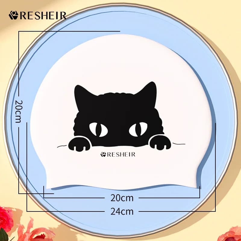 Silicone waterproof swim cap for cartoon cats, professional training, elastic ear protection, suitable for men and women