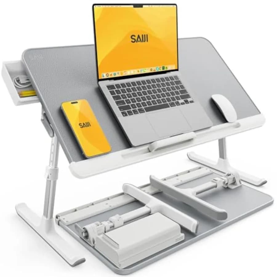 Tavolino da letto per laptop 23,6 x 13 pollici, regolabile, portatile, con cassetto portaoggetti, pieghevole, adatto per laptop fino a 17 pollici, in similpelle PVC.