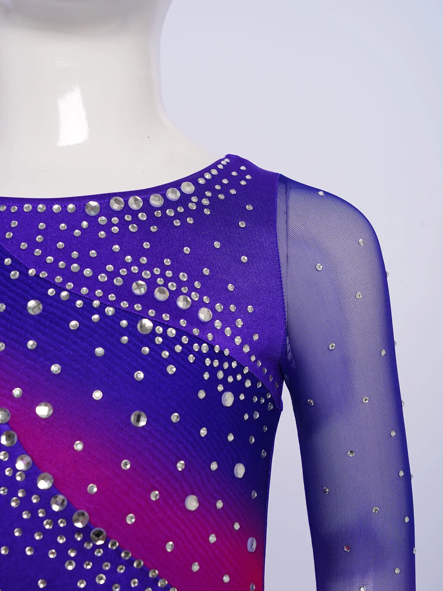 Vestito da ballo per bambine con strass, in jersey, per pattinaggio artistico, ginnastica ritmica, body asimmetrico con spacco, per danza lirica