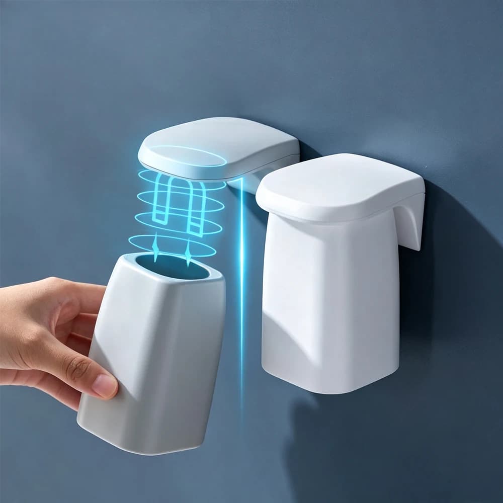 Magnetic Mouthwash Cup Wall Mounted Toothbrush Holder, No Drill Bathroom Organizer Storage Rack with Drain Cup