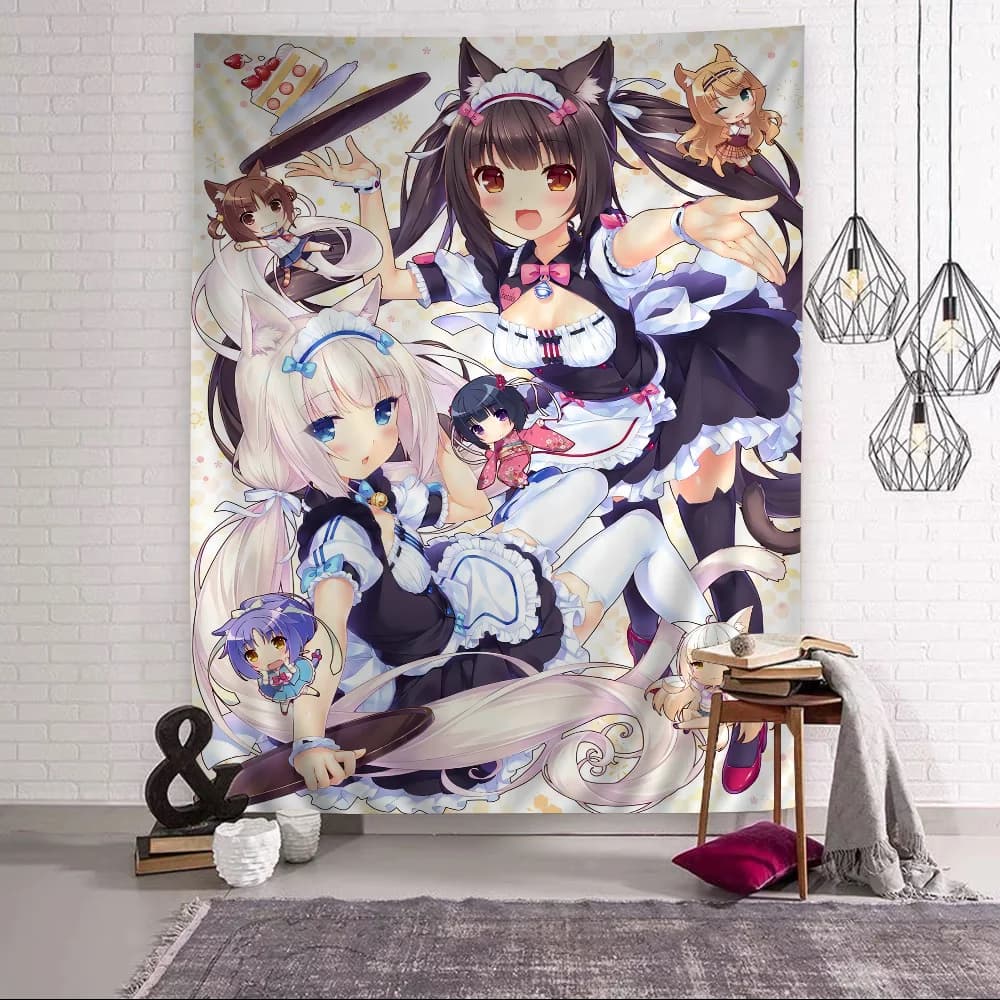 VIKAMA Cat Ear Maid Anime Tapestry Q Version Of The Cute Wall Decoration Bedroom Game Room Study Secondary Modern Style