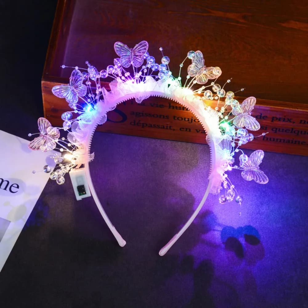 Fascia per Capelli LED Luminosa con Decorazione a Farfalla e Fiore, Stile Fatato con Luci LED