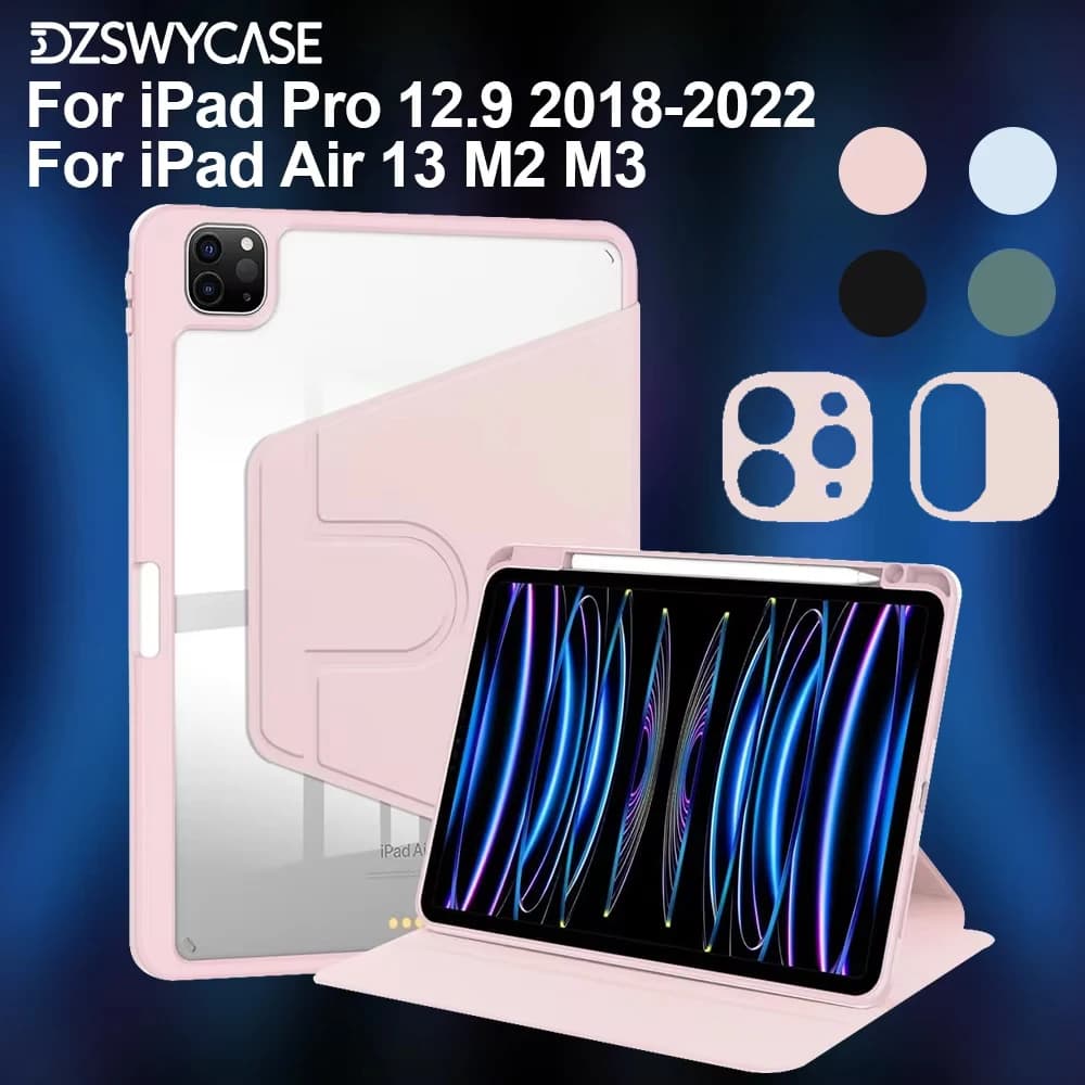 Custodia per iPad Pro 12.9 2018-2022, Per iPad Air 13 M2 M3, Cover posteriore con rotazione a 360°, Portapenne integrato, Cover acrilica in pelle PU