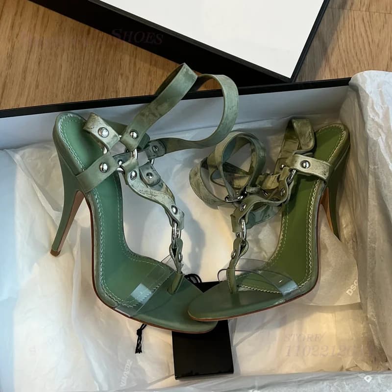 Dark Green Flip Flop Buckle Sandals Women Nude Pink Leather Stiletto Heels Straps Metal Ring Black Round Open Casual Summer Shoe