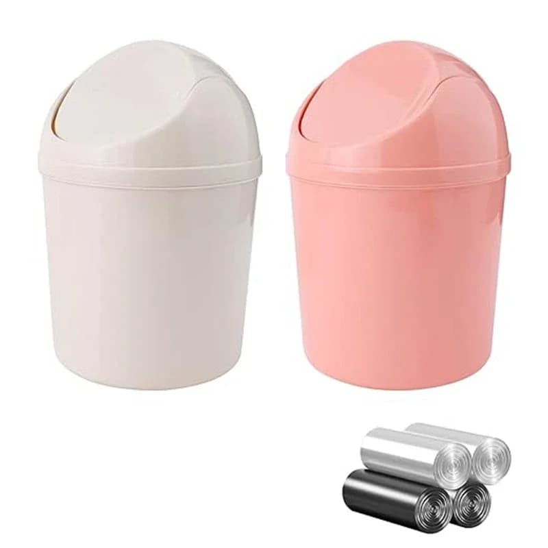 Set di 2 mini cestini per la spazzatura con coperchio oscillante, set di cestini da scrivania con 120 sacchetti, per casa, ufficio, cucina, bagno (rosa + beige)