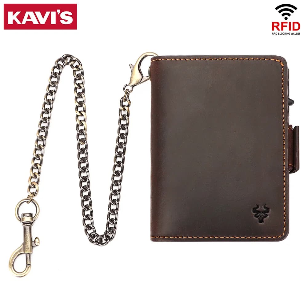KAVIS Men's double-folding card case made of cowhide leather, RFID large-capacity multi-card wallet made of leather