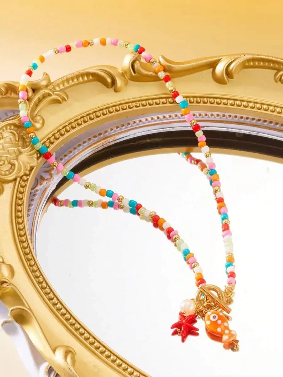 Collana con Ciondolo a Forma di Pesce e Stella Marina in Ceramica, Stile Estivo da Spiaggia per Donne