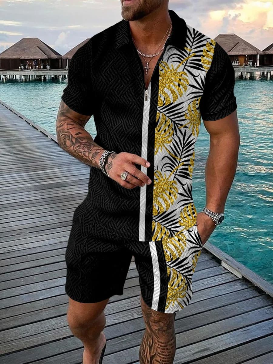 Completo da Uomo con Stampa Albero di Cocco Hawaiano, Set Moda con Polo a Maniche Corte con Zip + Pantaloncini, Outfit Estivo da Spiaggia per Vacanze, Tuta Oversize