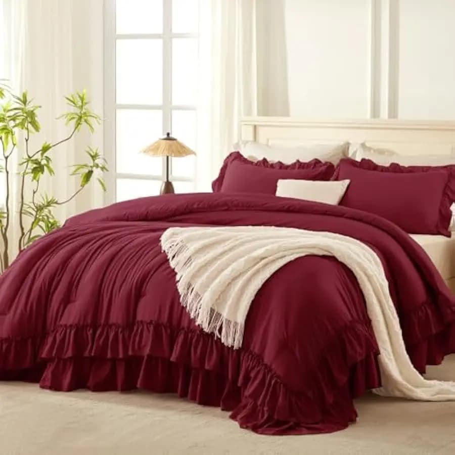 Andency Burgundy Comforter Set Queen Size, Lightweight Fluffy Farmhouse Ruffle Bedding Set, Soft Polyester All Season Shabby Chi