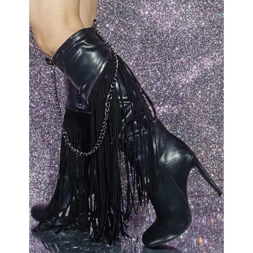 Stivali con catena in metallo con nappa nera Patchwork Scarpe con punta tonda per le donne Tacchi alti sottili al ginocchio Scarpe sexy 2025 Zapatos Para Mujere
