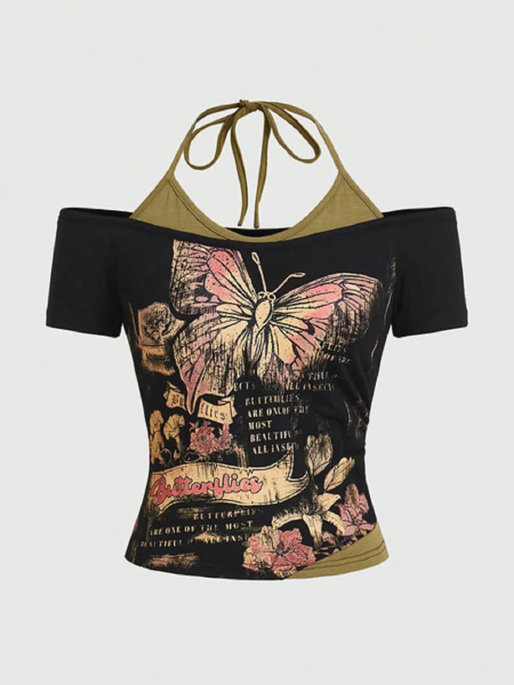 Estate Falso Due Pezzi Halter Bandage Vintage T-shirt Y2k Estetica Sottile Crop Top Donna Grunge Stampa Harajuku Casual Sexy Tee