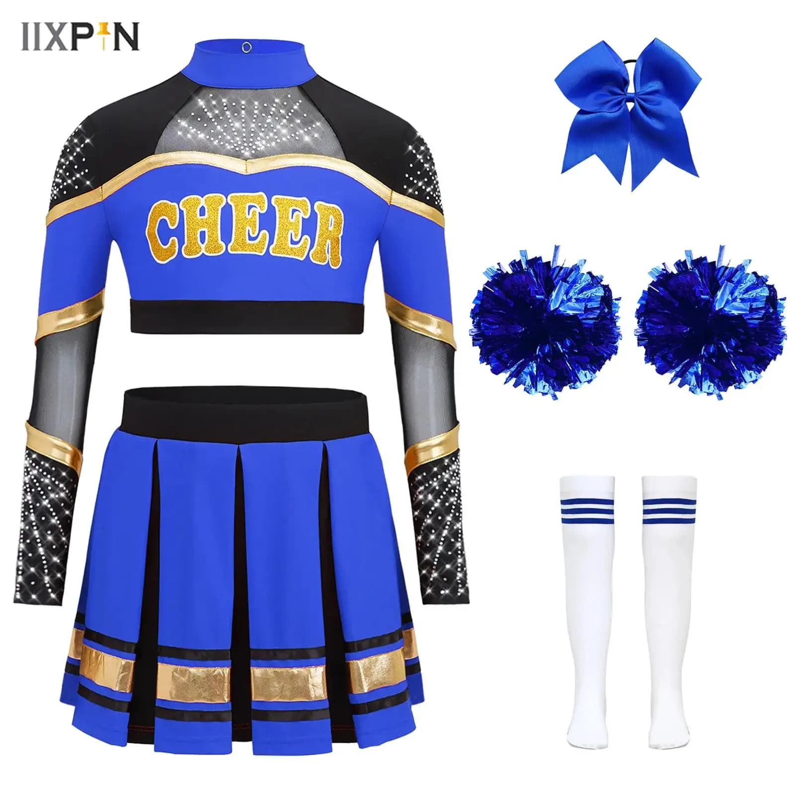 Costume da Cheerleader per Ragazze, Completo da Ballo con Top Corto a Maniche Lunghe, Gonna Plissettata, Palline Decorative e Calzini, Uniforme da Cheerleader