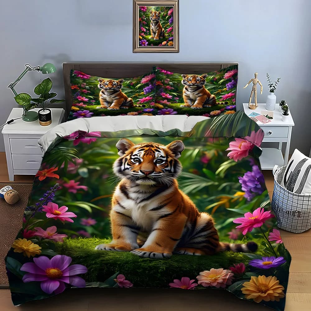 Cucciolo di tigre tra fiori vivaci Stampa con motivo tigre, set di biancheria da letto morbido e confortevole con copripiumino incluso 1*copripiumino 2*federe