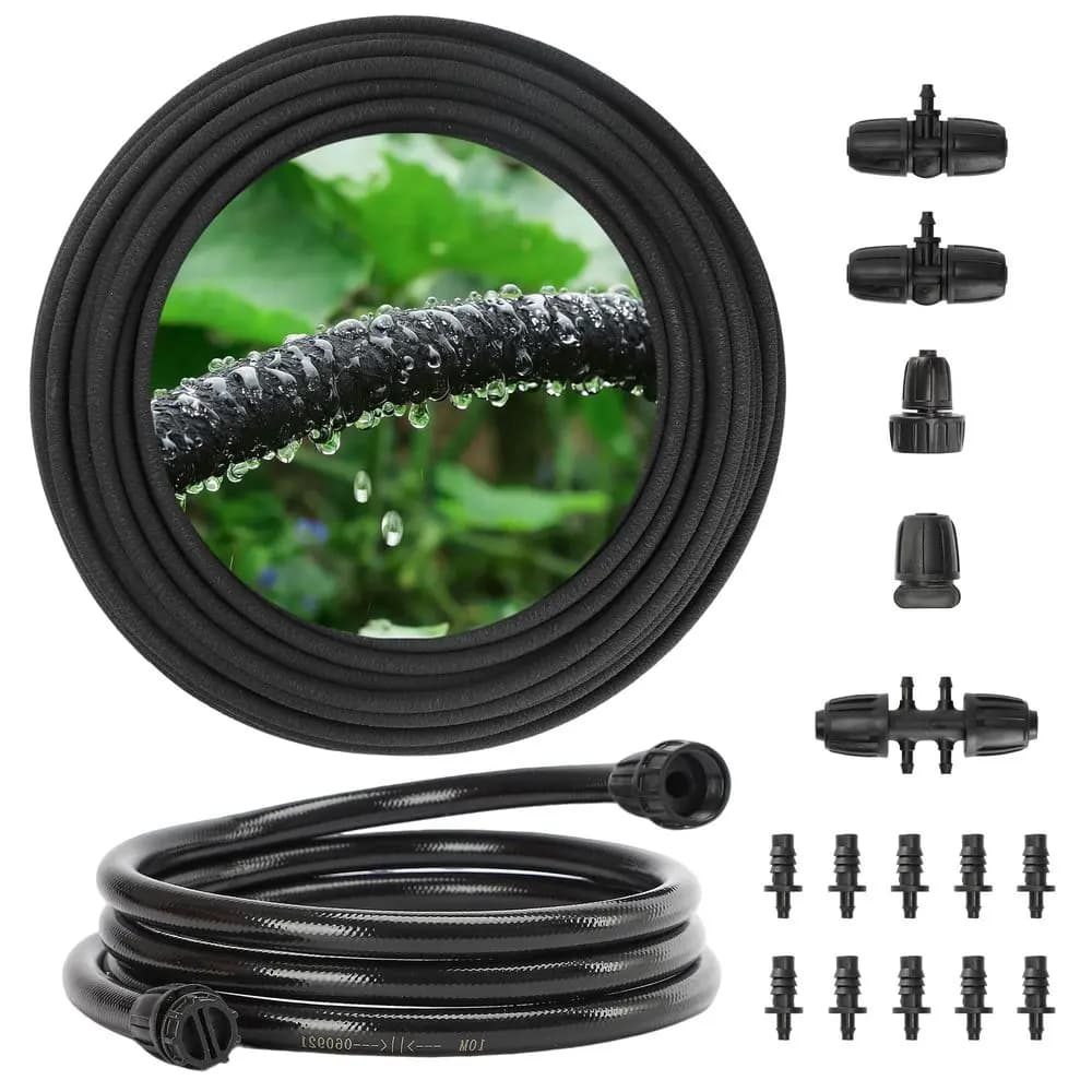 Sistema di irrigazione a goccia con tubo soaker da 100FT 1/4, risparmio idrico del 80%, tecnologia a goccia per irrigazione profonda delle radici, kit da giardino con 10FT