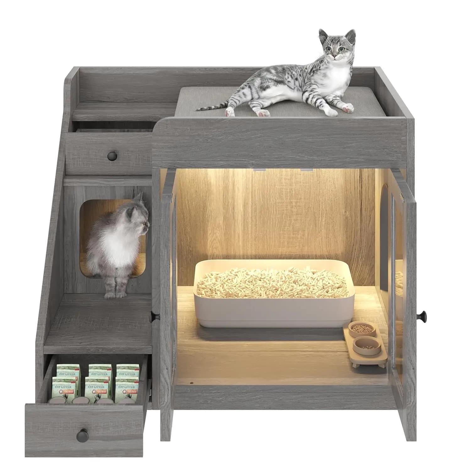 Cat Litter Box Enclosure with Light, 33" Hidden Litter Box Furniture with 2 Storage Drawers and 3 Side Stairs,, Customized