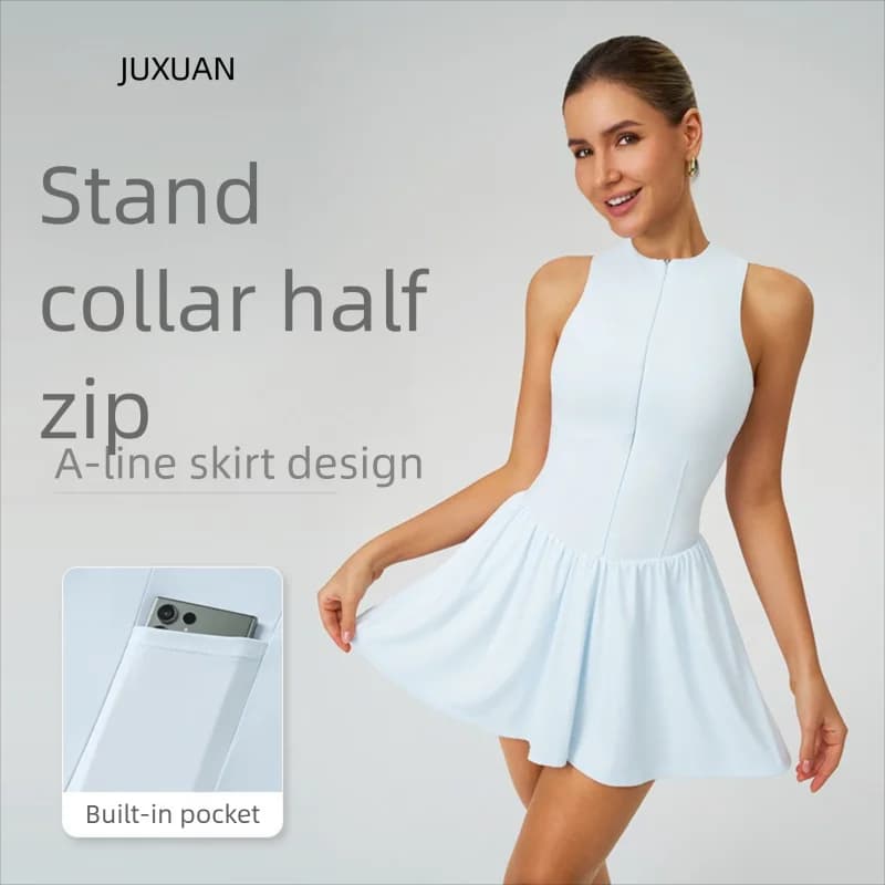 Women's 2-in-1 Tennis Dress with Built-in Shorts High Neck A-Line Running Skirt Quick Dry Activewear Female clothing